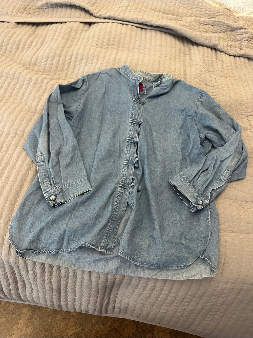 Washed Light Blue Denim Button-Down Mandarin-Collar Shirt